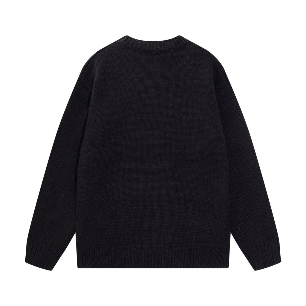 Black crewneck knit sweater with long sleeves, plain back, ribbed cuffs