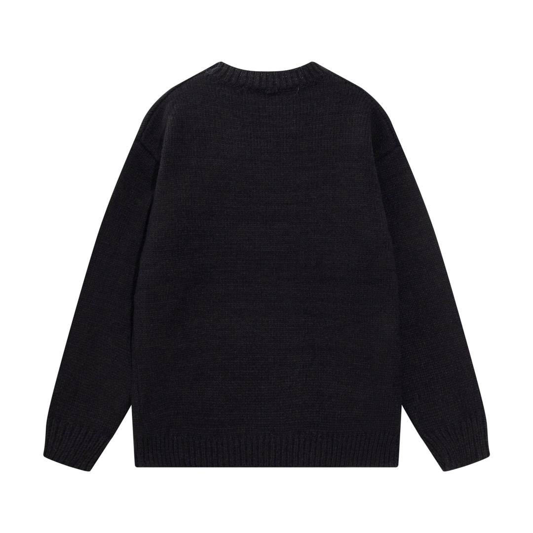 Black crewneck knit sweater with long sleeves, plain back, ribbed cuffs