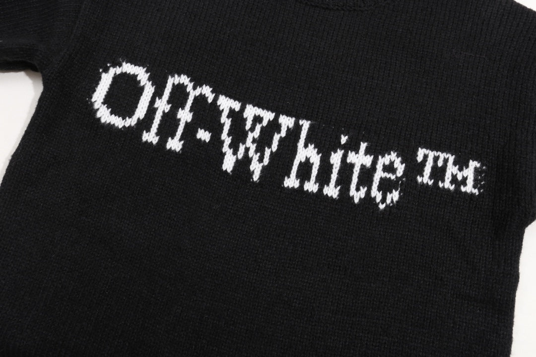 Front knit sweater with white Off-White logo lettering across the chest