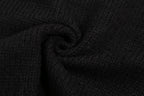 Black knit sweater fabric close-up with stitched texture