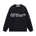 Black crewneck knit sweater with long sleeves and white Off-White logo graphic