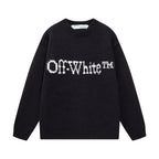 Black crewneck knit sweater with long sleeves and white Off-White logo graphic