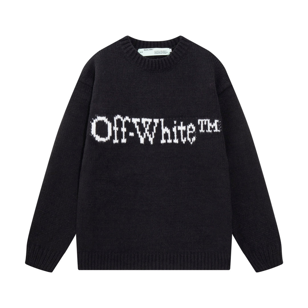 Black crewneck knit sweater with long sleeves and white Off-White logo graphic