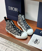 Dior high-top sneakers with black-and-white monogram fabric and black laces