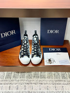Dior ladies high-top sneakers with black-and-beige monogram pattern, black laces