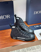 Dior ladies high-top sneakers with dark monogram-style print, lace-up front and rubber sole
