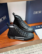 Ladies dark lace-up high-top sneakers with textured fabric and white trim