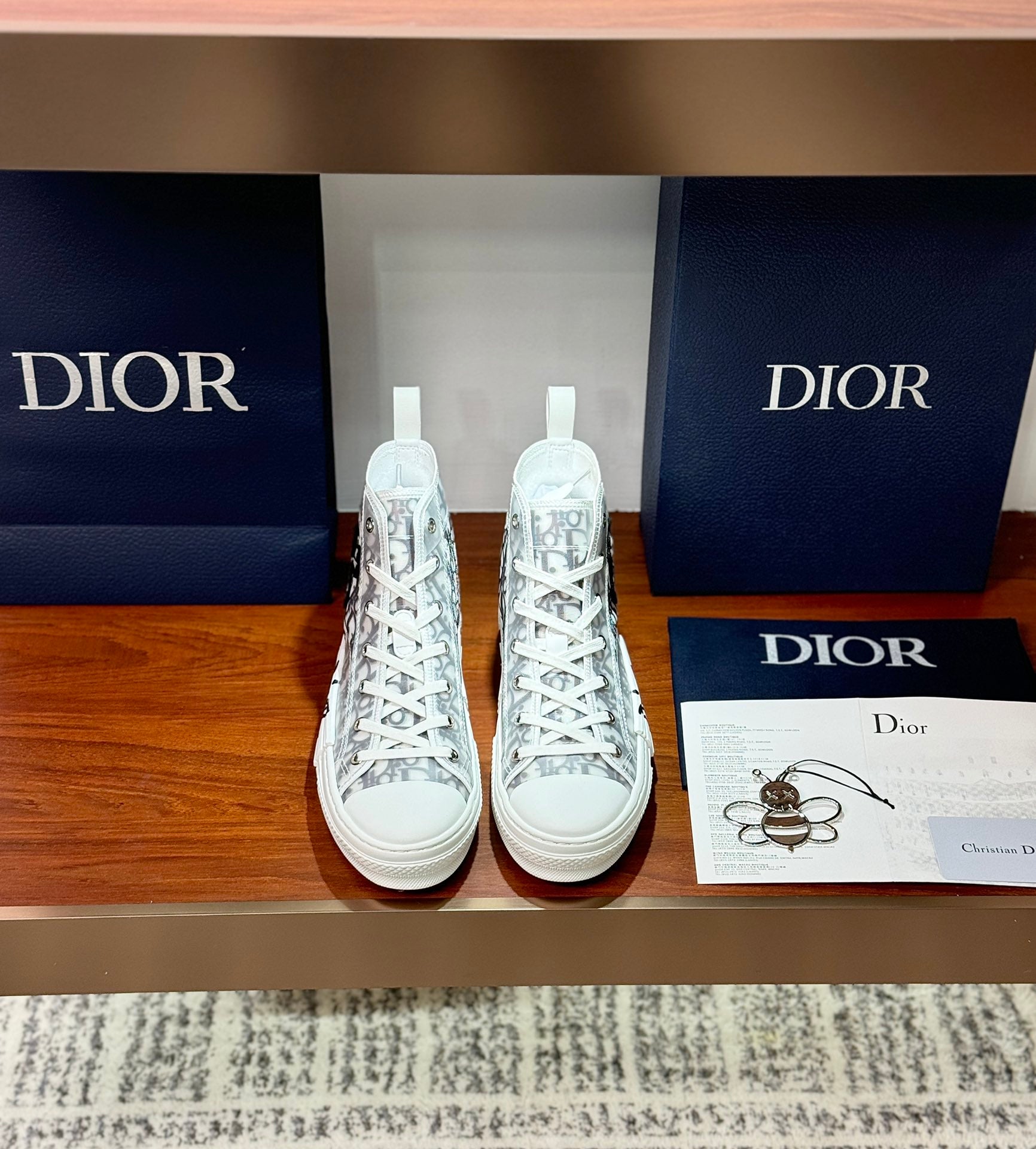 Dior ladies high-top sneakers, white with black monogram print and white laces