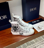 Dior ladies high-top sneakers, white with black monogram pattern, lace-up