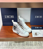 Dior ladies high-top sneakers, white with black monogram print and lace-up front
