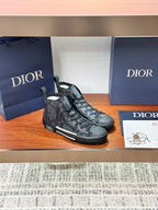 Dior ladies lace-up high-top sneakers in dark gray with patterned upper and side stripe.