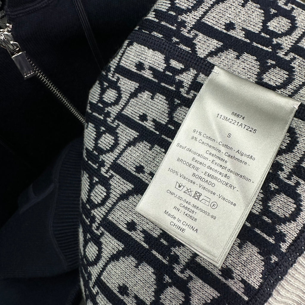 Dior long hoodie fabric label and patterned inner lining, dark navy and off-white motifs