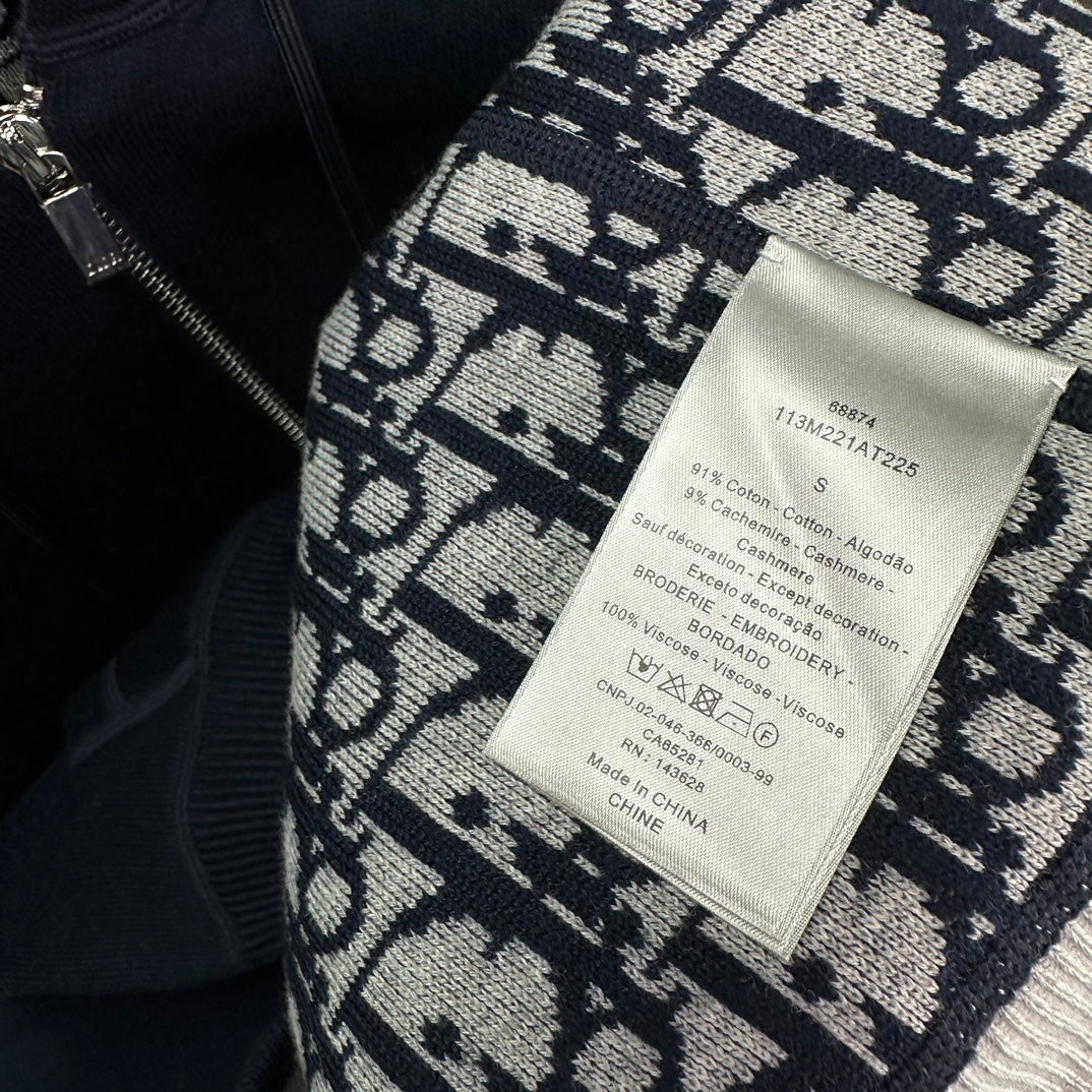 Dior long hoodie fabric label and patterned inner lining, dark navy and off-white motifs