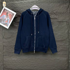 Dior long zip-up hoodie in dark navy, full front with hood and pouch pockets