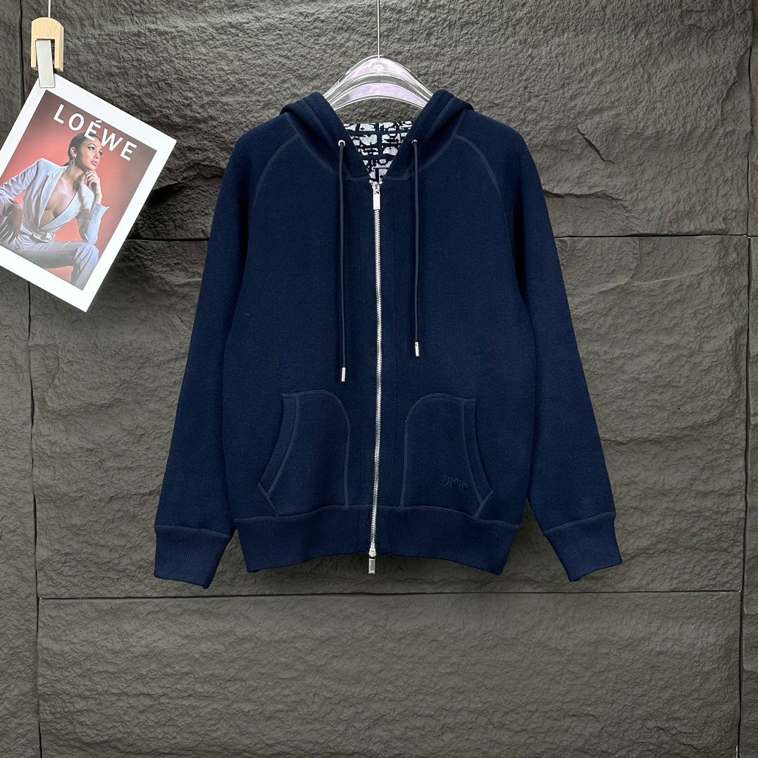 Dior long zip-up hoodie in dark navy, full front with hood and pouch pockets