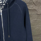 Dior long hoodie sleeve and shoulder close-up with dark navy zip front detail