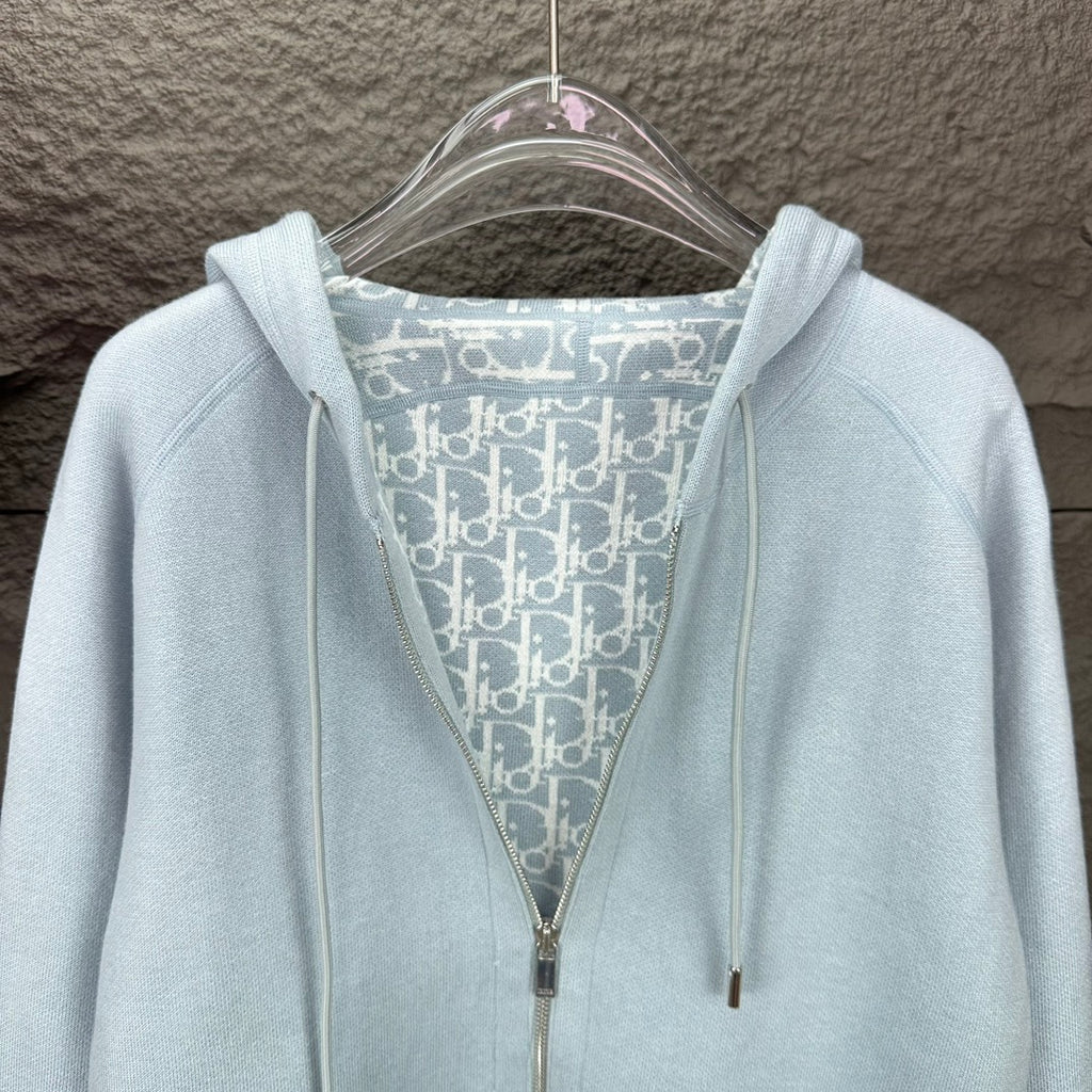 Light blue Dior zip-up hoodie close-up of hood lining and zipper area