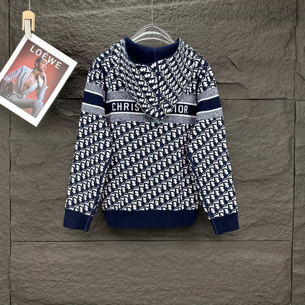 Navy Dior knit zip hoodie with allover white monogram pattern and logo stripe