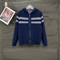Navy Dior knit zip hoodie with white striped bands and ribbed cuffs