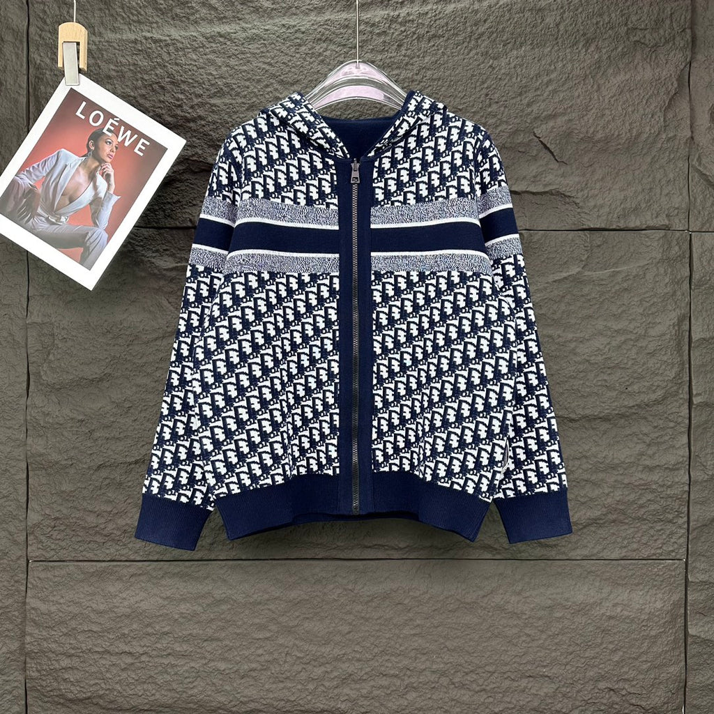 Navy Dior knit zip hoodie with allover monogram pattern and horizontal stripe