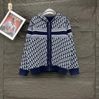 Navy Dior knit zip hoodie with allover monogram pattern and horizontal stripe