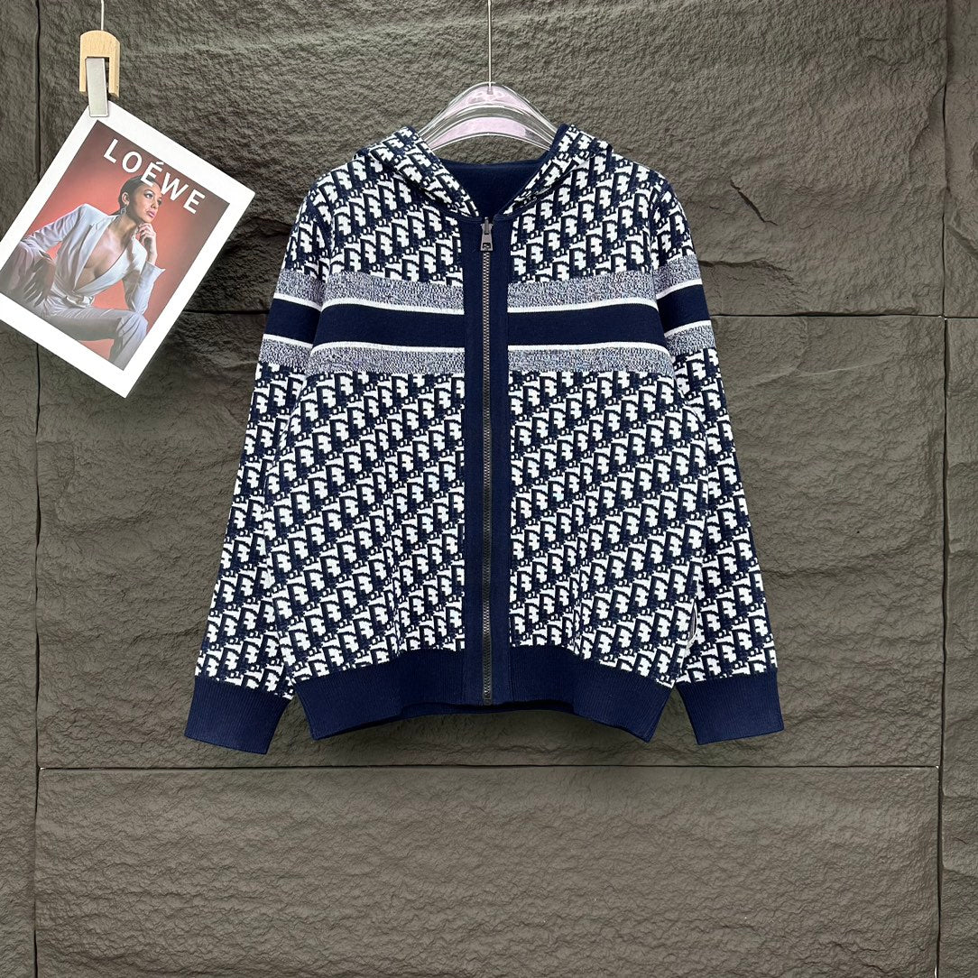 Navy Dior knit zip hoodie with allover monogram pattern and horizontal stripe