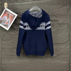 Navy Dior knit zip hoodie with patterned yoke and white logo stripe across chest