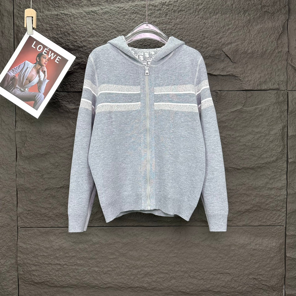 Dior long zip hoodie in light gray with striped bands across the chest