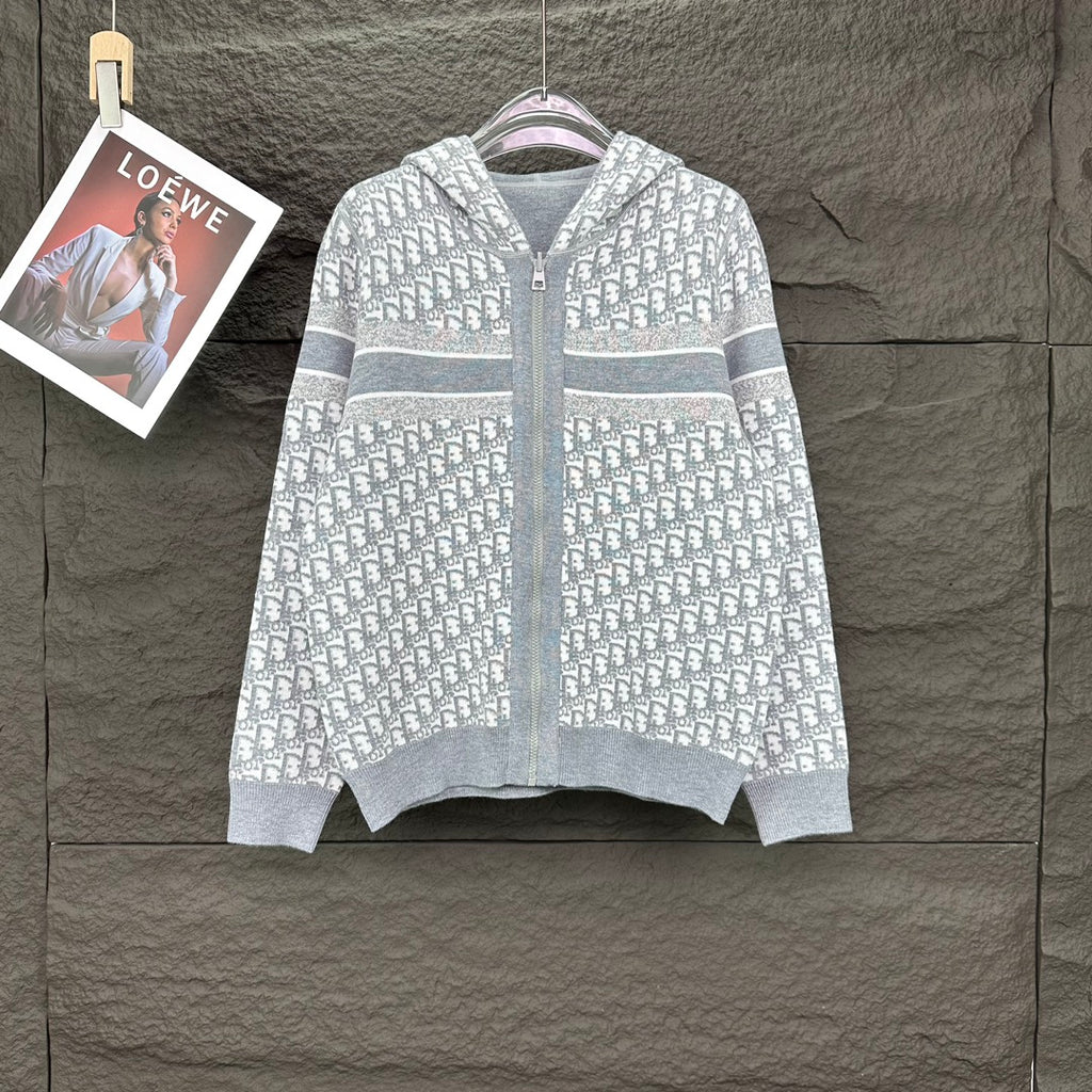 Dior long zip hoodie in light heather gray with allover logo print and striped trim