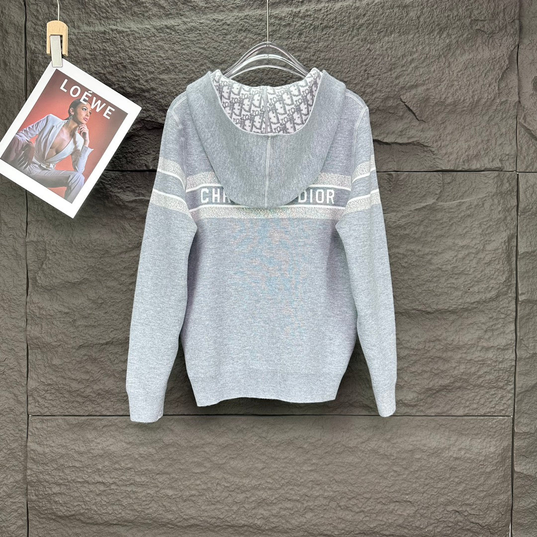 Dior long zip hoodie in light gray with allover logo pattern and stripe bands