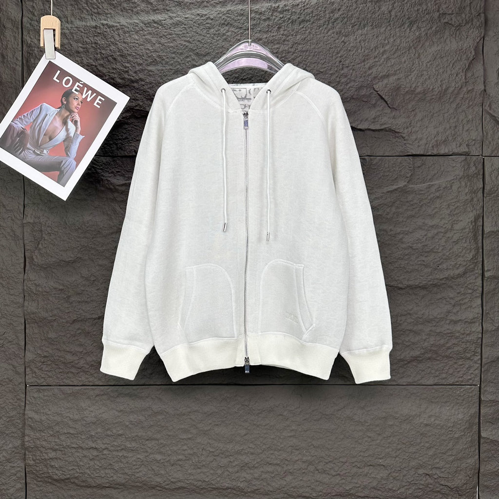 Dior white zip-up hoodie with hood drawstrings and front kangaroo pocket