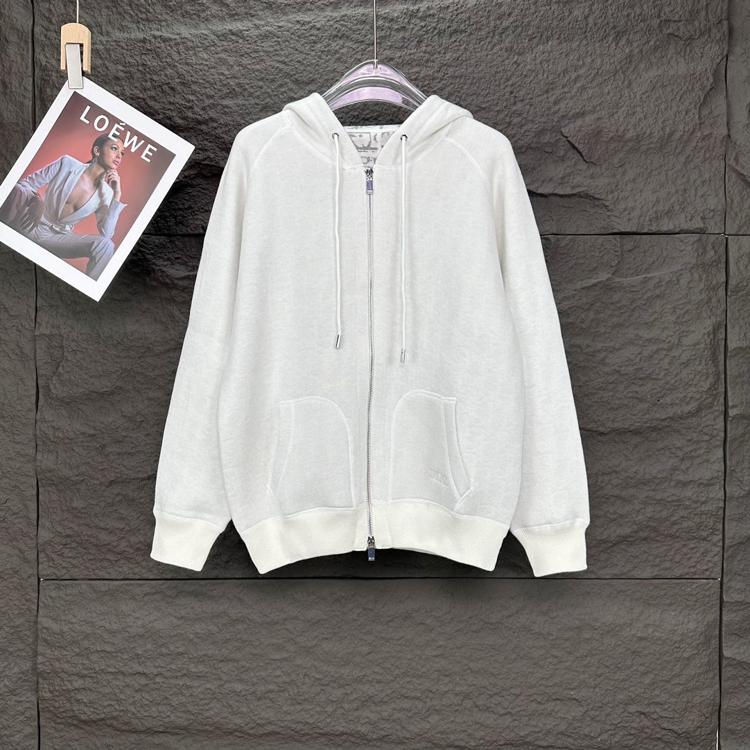 Dior white zip-up hoodie with hood drawstrings and front kangaroo pocket