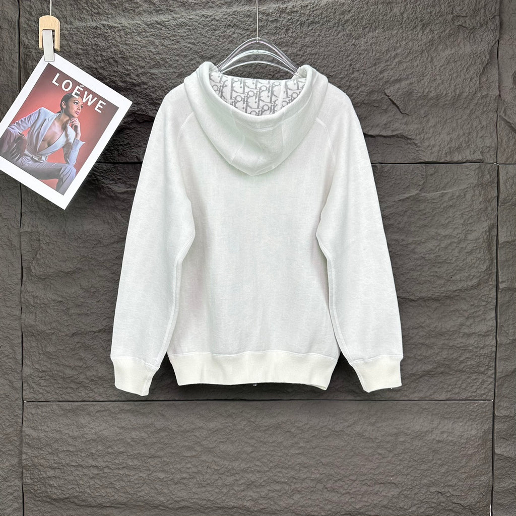Dior white pullover hoodie with draped hood and ribbed cuffs