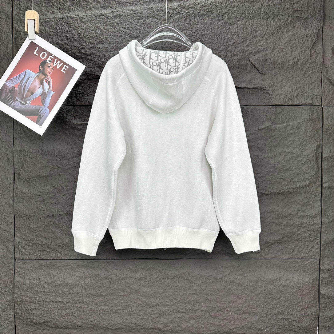 Dior white pullover hoodie with draped hood and ribbed cuffs
