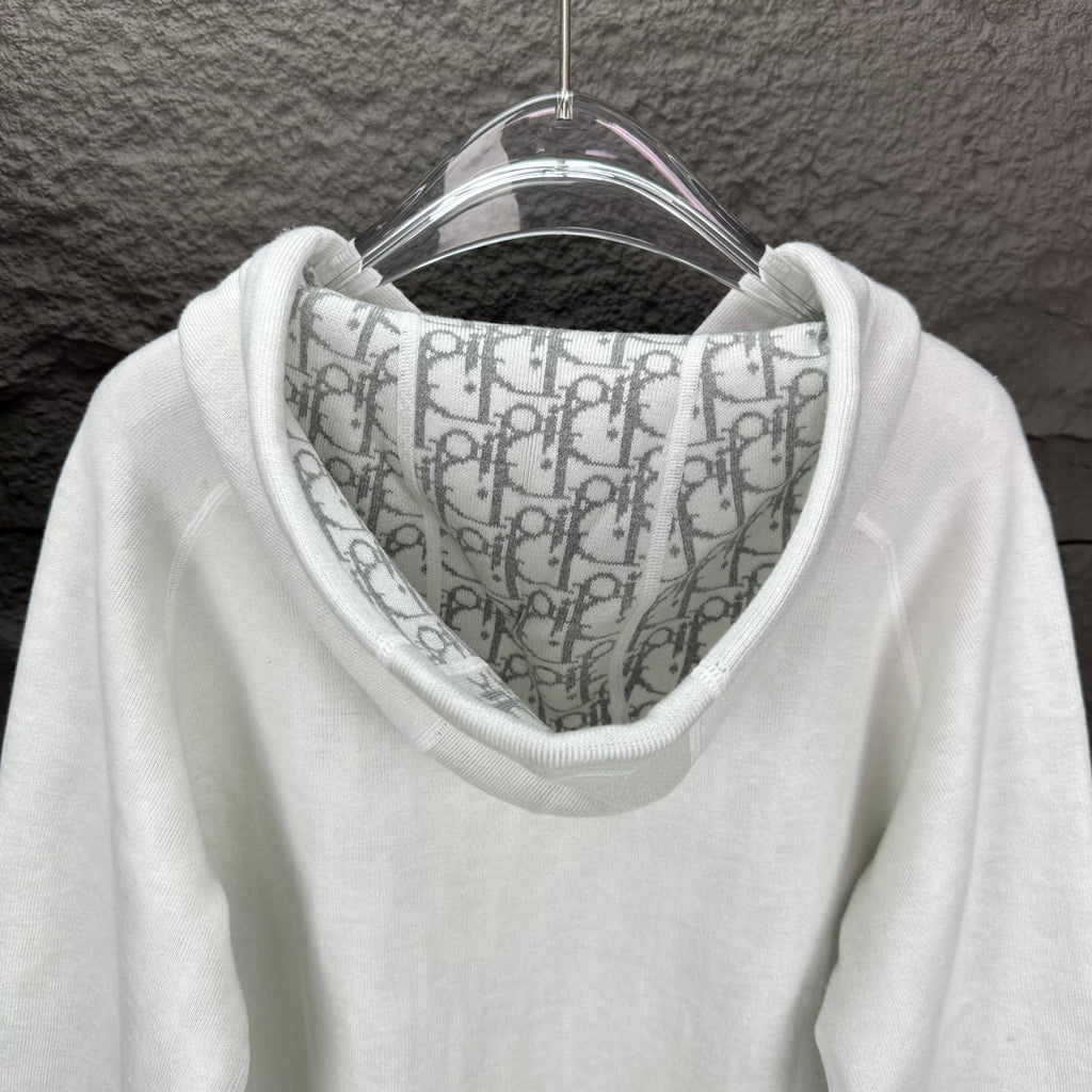Dior white hoodie neckline with patterned inner hood lining