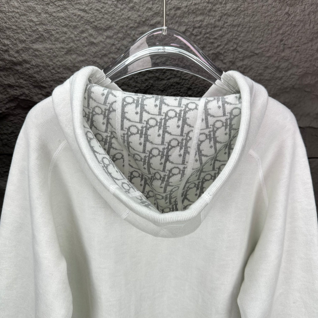 Dior white hoodie neckline with patterned inner hood lining