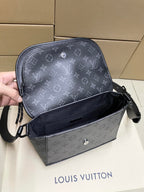 Louis Vuitton men's crossbody bag in gray monogram canvas, side open