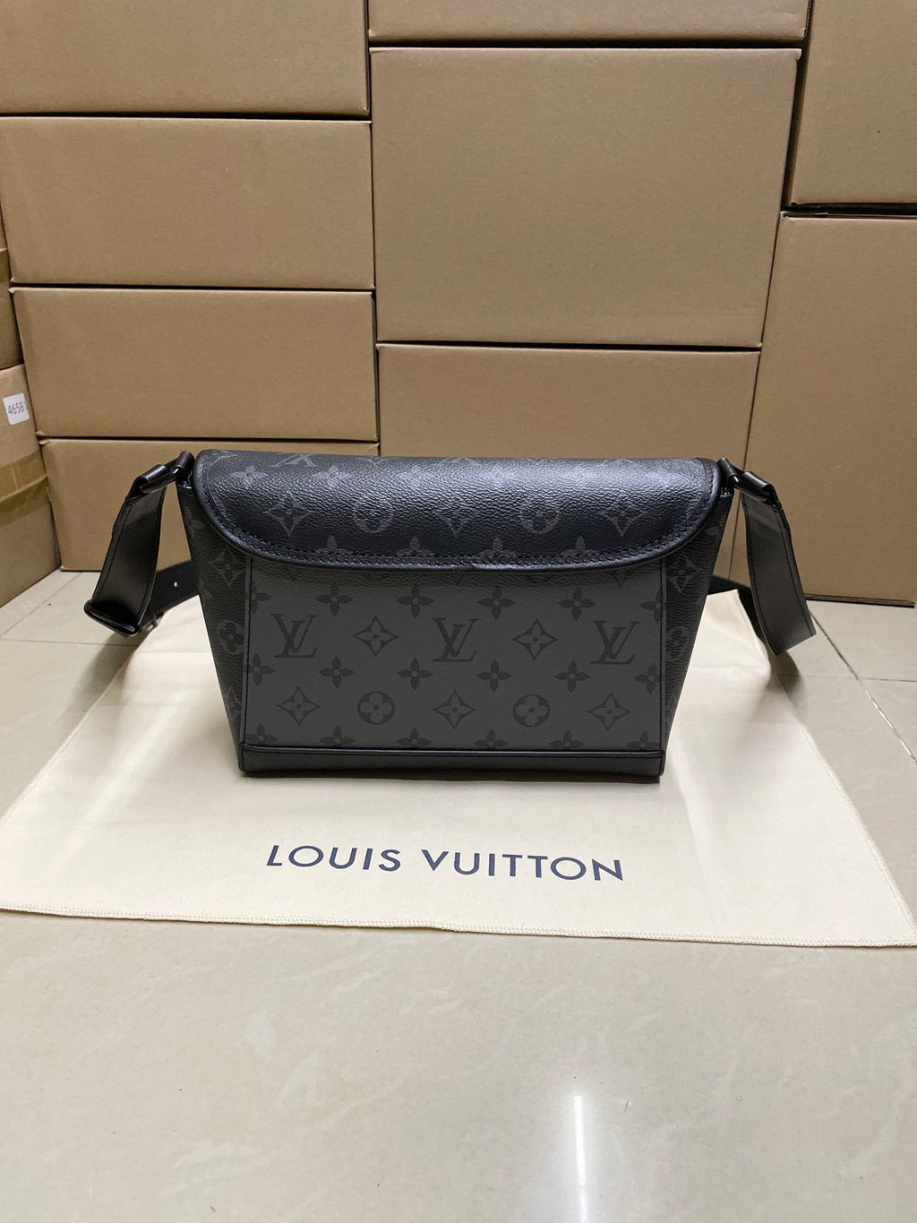 Louis Vuitton monogram crossbody bag, dark blue-gray, front flap, two side straps