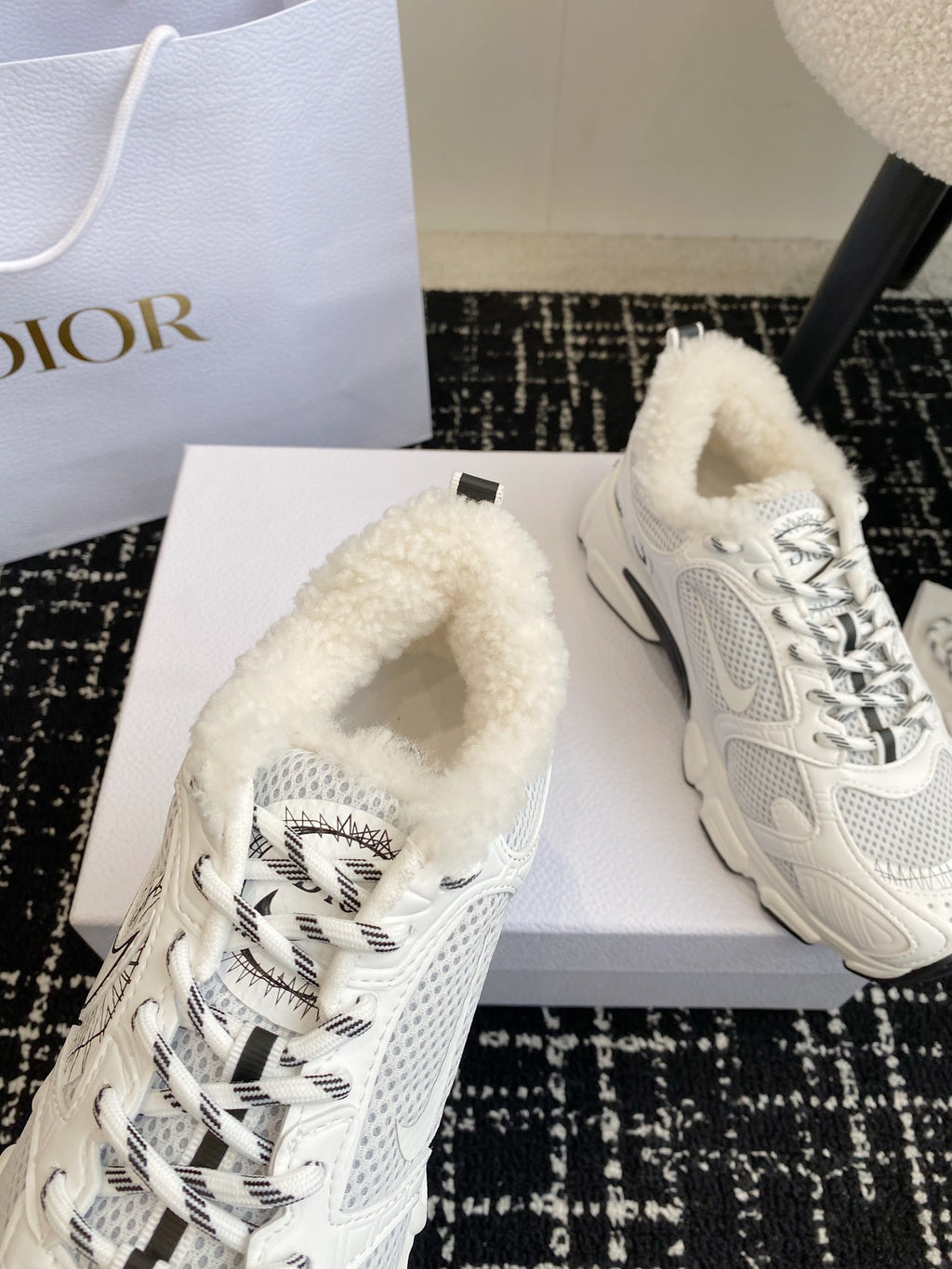 Dior unisex sneakers, white upper with lace-up laces and sherpa-lined collar.