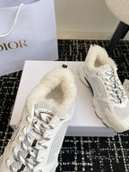 Dior unisex sneakers, white upper with lace-up laces and sherpa-lined collar.