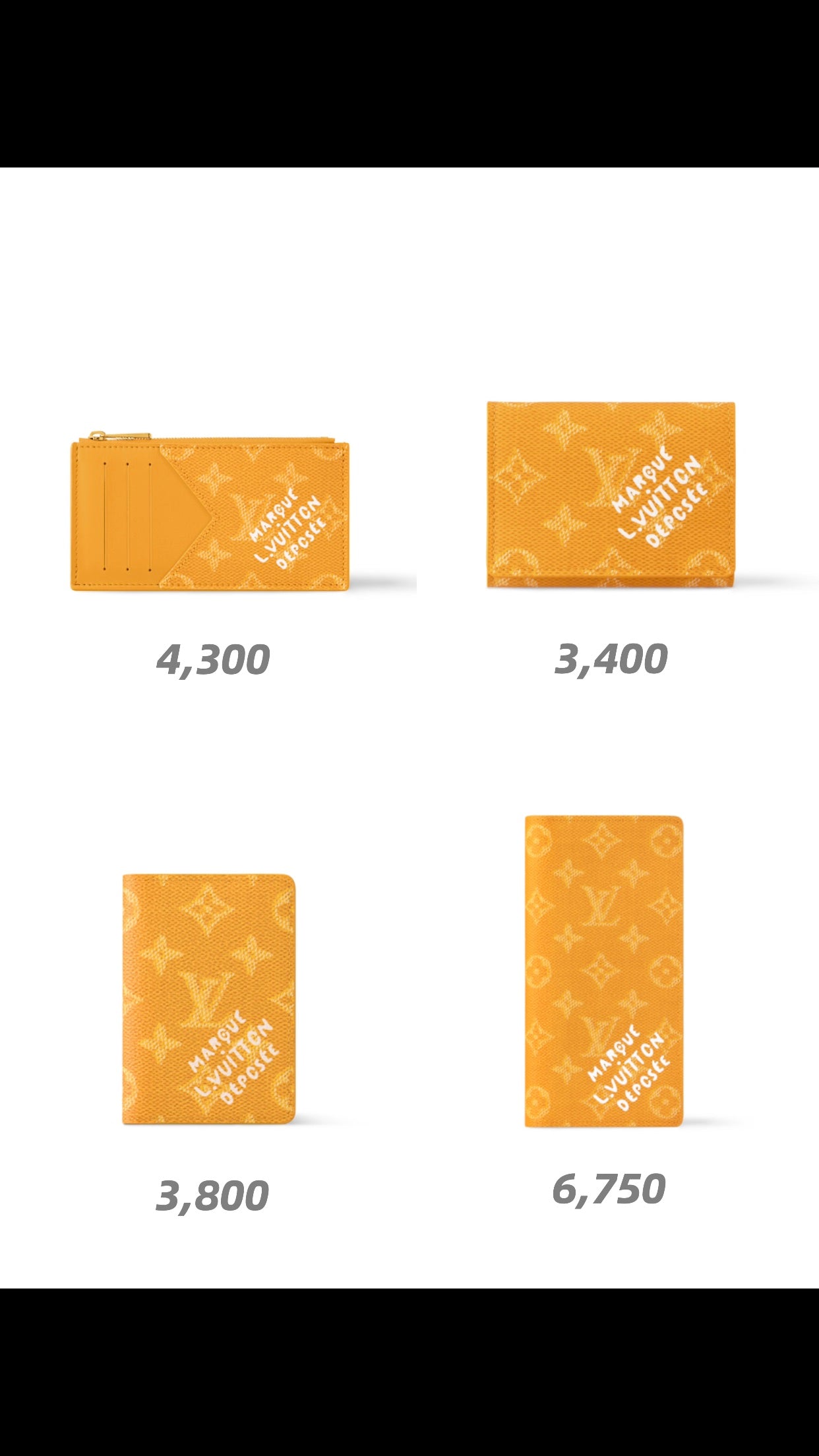 Louis Vuitton small wallet product options, orange monogram styles on white background