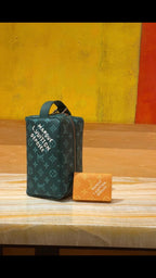 Small Louis Vuitton monogram mini bag with top handle, teal, plus orange card case