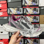Grey and purple mesh sneakers with lace-up front, padded collar and cushioned sole