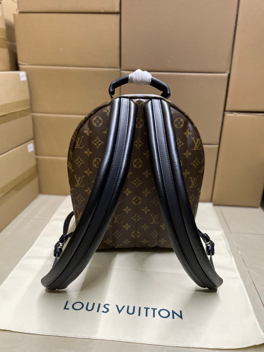 Monogram canvas backpack with black leather trim and adjustable shoulder straps