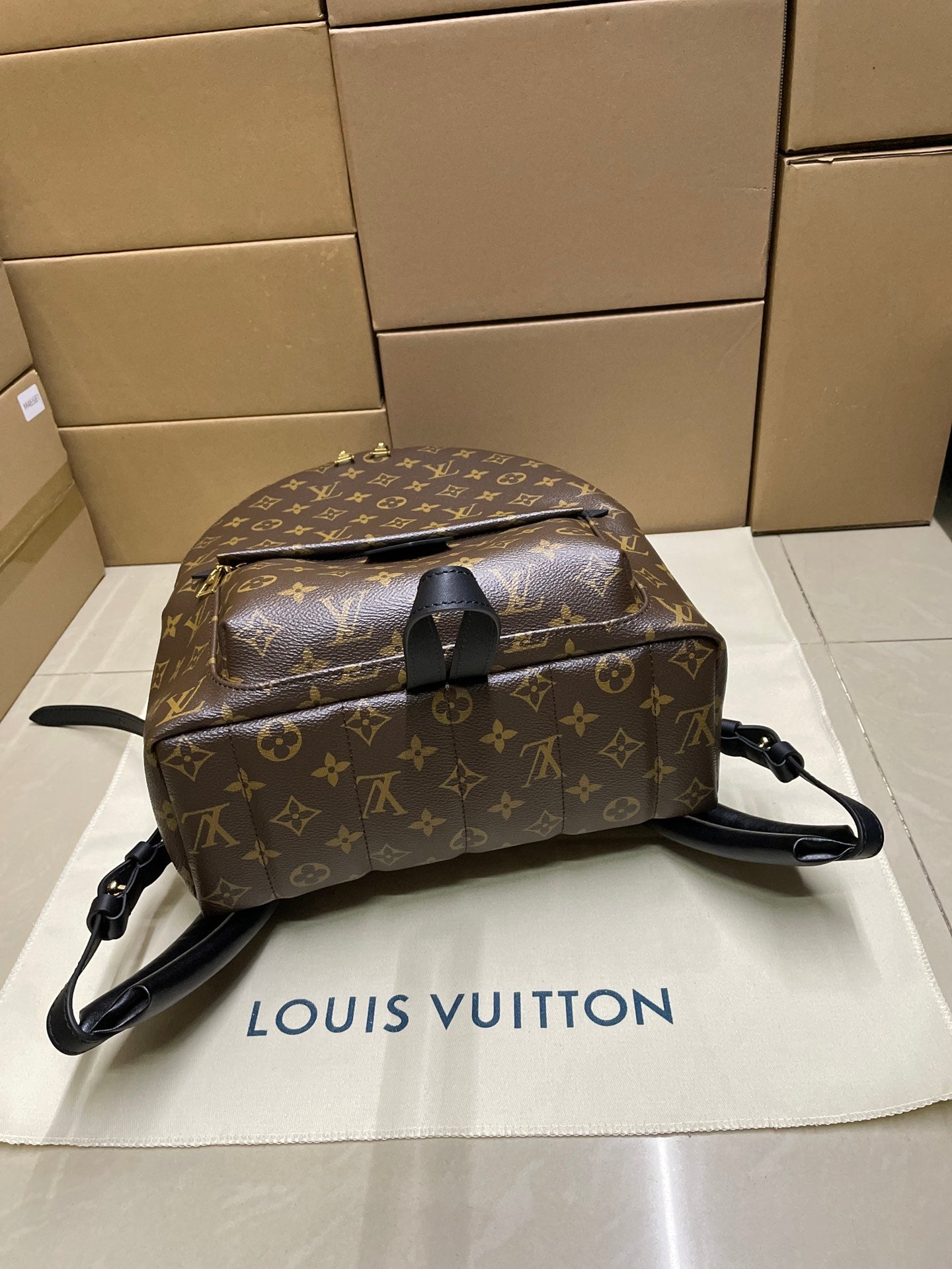 Monogram canvas backpack with top handle, front flap closure and crossbody strap