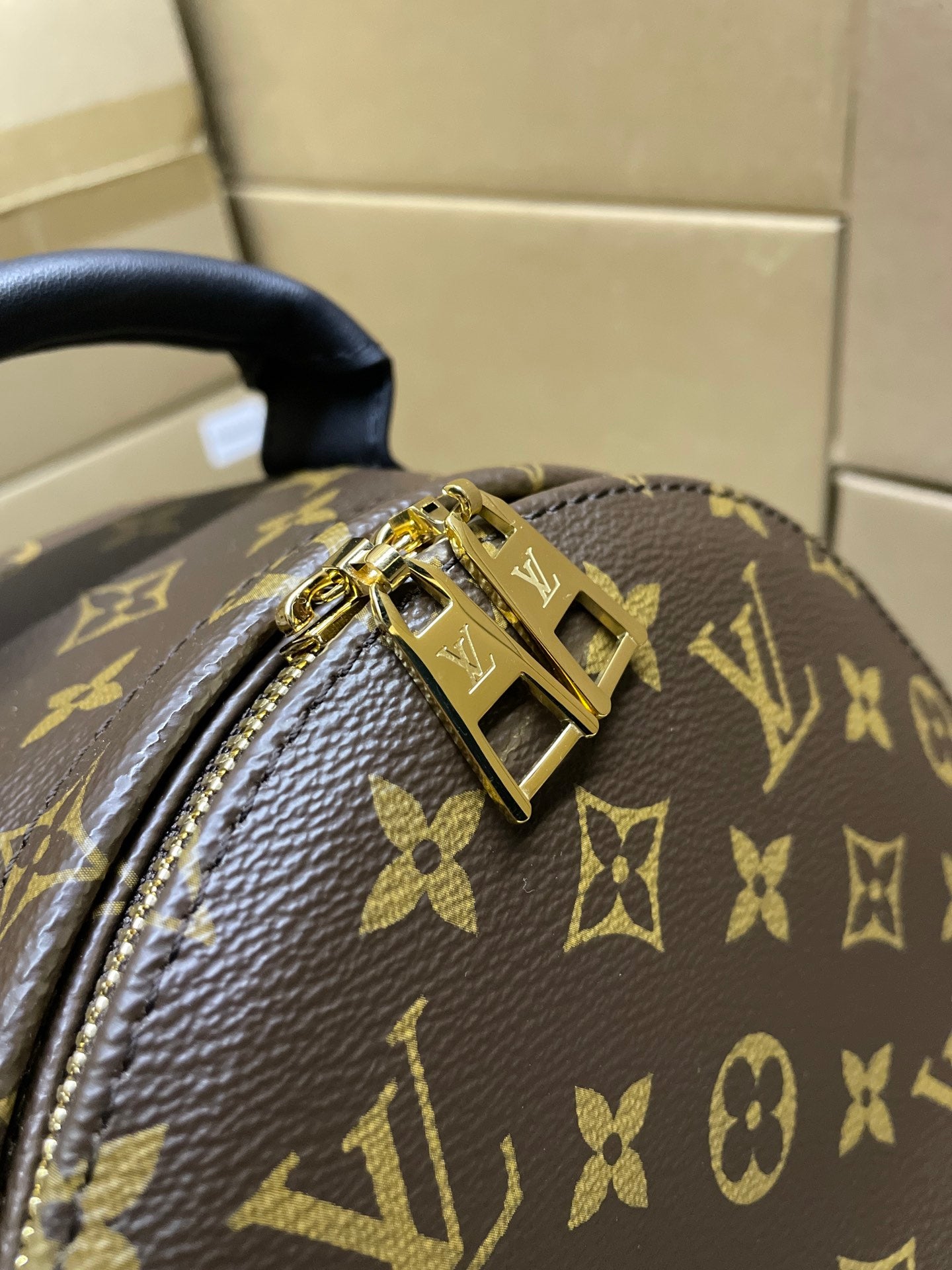 Louis Vuitton monogram bag close-up with gold buckle and zipper corner