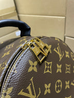Monogram mini bag close-up of gold-tone clasp hardware and brown-gold pattern
