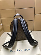 Monogram mini backpack with black shoulder straps and dark brown body with leather trim