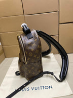 Louis Vuitton monogram backpack side view with zip pocket and shoulder strap