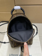 Louis Vuitton monogram mini backpack open top showing dark interior lining, brown